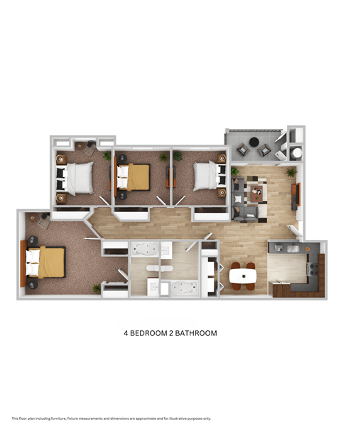 Floor plan for 4 beds, 2 baths, 1242 sqft